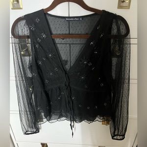 Abercrombie black embellished tie mesh blouse